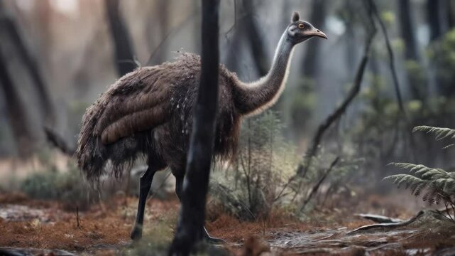 Moa bird, an extinct bird species, strides through a New Zealand forest