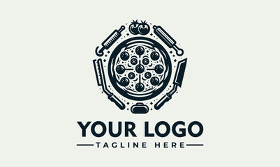 A stylized logo design for a pizza restaurant, featuring pizza ingredients and tools arranged in a circular pattern.