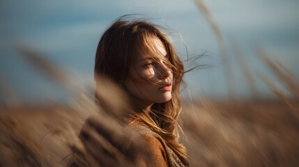 Portrait of a young woman with long brown hair standing in a field with a blurred background
