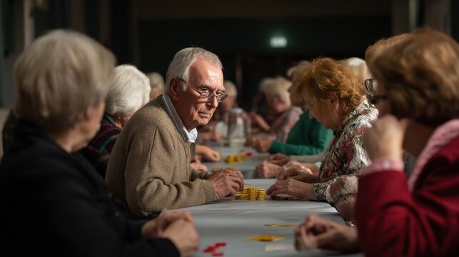 Elderly caucasian men and women engaged in social activity at community center