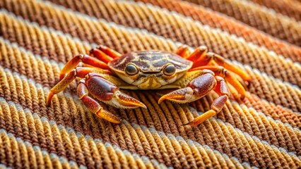 A small crab with vibrant orange and brown shell sits on a textured, striped surface