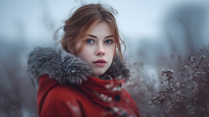 Close up portrait of a woman with auburn hair wearing a red coat with a fur collar in a winter landscape