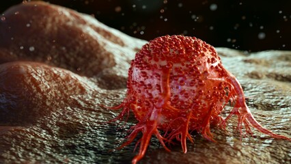 A 3D rendering of cancer cells under a microscope depicts tentacle-like protrusions extending from the larger cell, which are suggestive of invasive growth, a critical characteristic of malignancy.