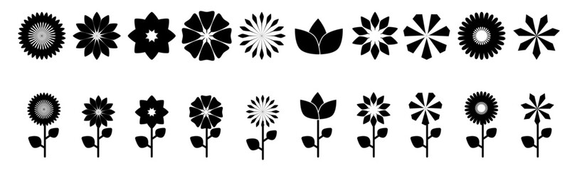 Flower icon set, black Flower isolated on white, vector illustration