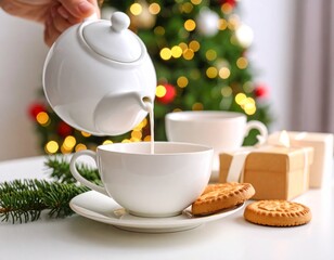  escena acogedora de una merienda o desayuno. Un te mientras se vierte leche, acompañado de galletas
