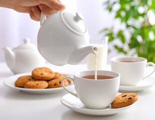  escena acogedora de una merienda o desayuno. Un te mientras se vierte leche, acompañado de galletas