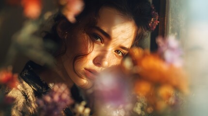 A woman looking through flowers with soft lighting and a dreamy aesthetic in a close up portrait view