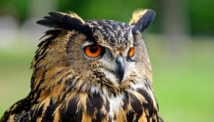 Fototapeta premium retrato de cerca de un búho real eurasiático (Bubo bubo). La imagen se centra en la cara y parte superior del pecho del ave.