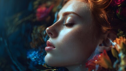 Close up of a woman's face with red hair surrounded by colorful flowers and a dark blue background