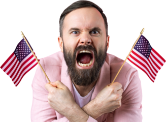 Portrait of a satisfied young man with a beard with an American flag on a isolated studio background. Great US patriot and defender of freedom.