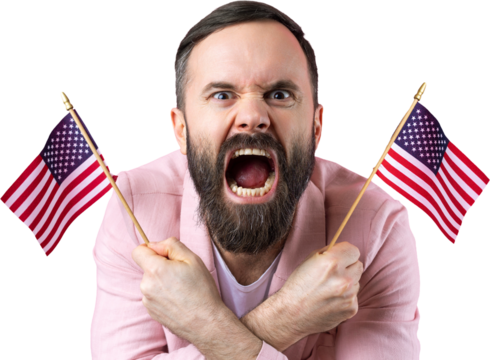 Portrait of a satisfied young man with a beard with an American flag on a isolated studio background. Great US patriot and defender of freedom.