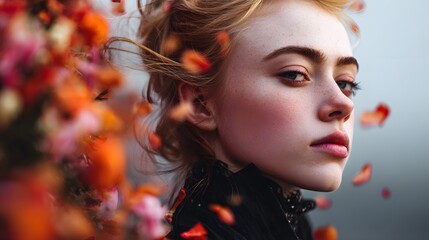 Portrait of a young woman with blonde hair and flowers falling around her face in soft focus style