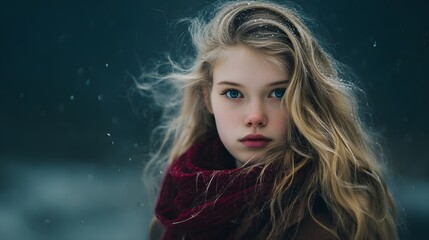Portrait of a girl with blonde hair and green eyes in a snowy environment wearing a red scarf