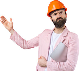 Portrait of young construction engineer wear orange hard hat, in a pink jacket standing on isolated...