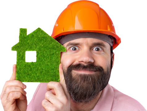Portrait of young construction engineer wear orange hard hat, in a pink jacket standing on isolated studio background. A man holds a green eco house.