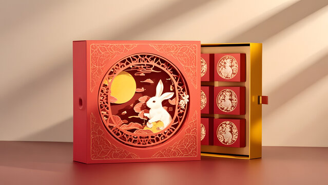 A red box with a moon and rabbit design, open to reveal smaller mooncake compartments