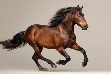 Obraz premium Powerful running horse in motion with flowing mane on neutral background