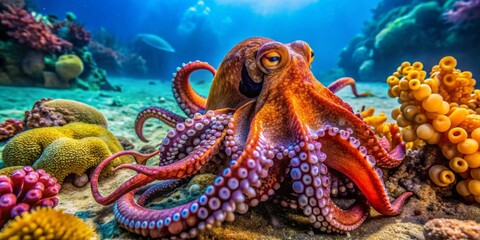 A vibrant octopus rests on a colorful ocean floor, surrounded by diverse coral formations and marine life