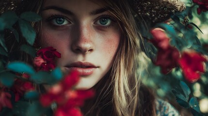 A portrait of a woman with blue eyes wearing a straw hat surrounded by red flowers and green leaves