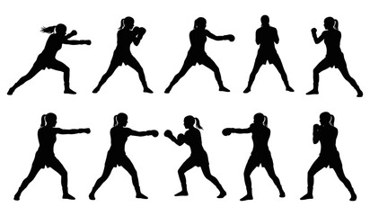 Silhouettes of Women in Various Fighting Stances and Punching Poses, Embodying Power and Athleticism