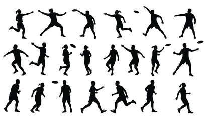 Dynamic Collection of Ultimate Frisbee Player Silhouettes in Various Action Poses – Featuring Male and Female Athletes Throwing, Catching, and Running for Sports and Fitness Designs
