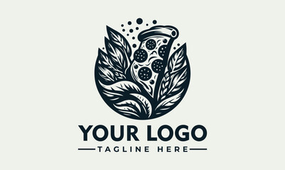 Pizza slice with pepperoni and herbs, presented in a stylized, circular design, suitable for a logo.