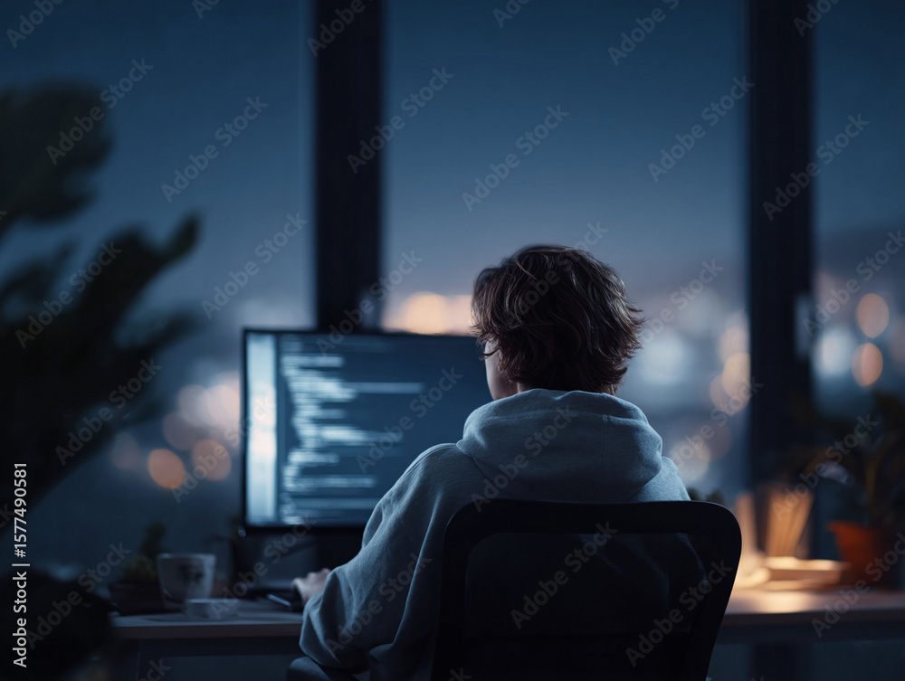 Poster night coder. back view of person working on computer with code. remote work, late nights, innovation