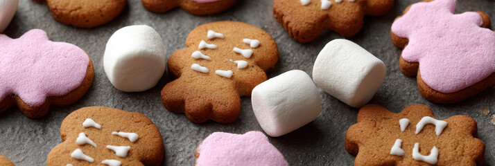 Gingerbread cookies and marshmallows on gray surface