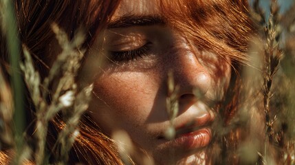 Close up of a woman with red hair and freckles surrounded by tall grass in a natural setting outdoors