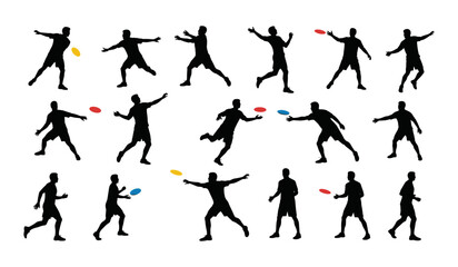 Dynamic Silhouettes of Ultimate Frisbee Players in Action &ndash; Capturing Various Throws, Catches, and Running Poses with Colorful Discs for Sports and Fitness Designs