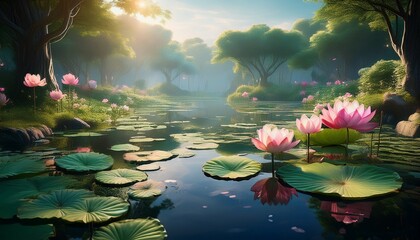 a calm lotus pond with delicate pink lotus flowers floating on still water surrounded by lush greenery for inner peace or spiritual wellness products made with generative ai technology
