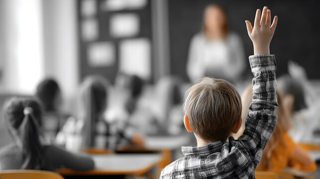 Child raising hand in classroom with teacher and other students in the background blurred out of focus