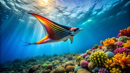 Fototapeta premium Striking Rainbow Fish Soaring Above Vibrant Coral Reef in Sunlit Ocean Depths