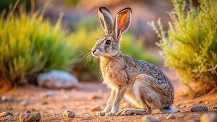 Fototapeta premium A Desert Hare at Golden Hour, Basking in the Warmth of the Setting Sun, a Symbol of Wild Beauty and Serenity