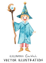 Obraz premium Cute Kid in Halloween Character Costume as Wizard with Magic Wand. Watercolor vector illustration suitable for Halloween theme project, cards, banner, and invitation.