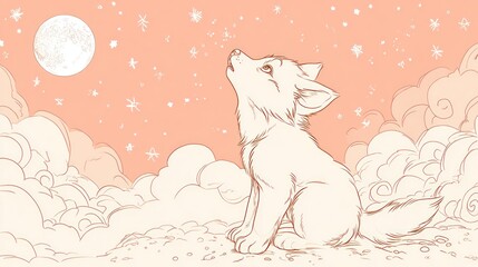 A puppy looks up at a pastel moonlit sky