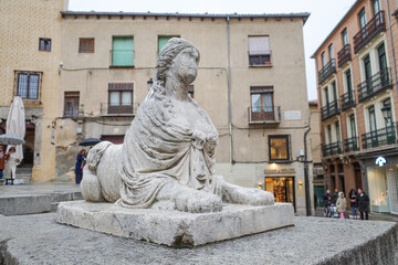 Segovia, Spain - 3 March, 2025: Sirenas de Segovia Sculpture (Segovia Mermaid) and Plaza Medina del Campo, Segovia