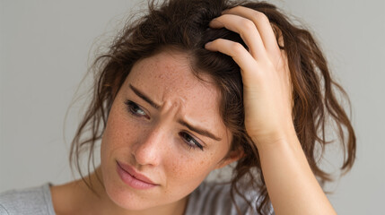 Fototapeta premium People scratch their heads when puzzled. Though scratching eases itch, frequent scratching damages the scalp, causing irritation, injury, or hair loss.