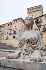 Segovia, Spain - 3 March, 2025: Sirenas de Segovia Sculpture (Segovia Mermaid) and Plaza Medina del Campo, Segovia