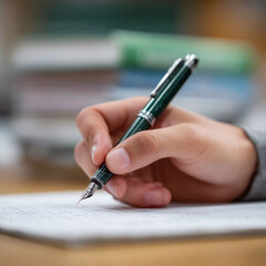 Closeup of a hand writing on paper with a stylish fountain pen. Illustrates ideas, notes, creativity, journaling, or education. Perfect for creative projects.