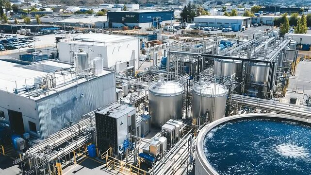 Aerial view of a modern dairy processing plant with stainless steel tanks, pipes, and automated filling lines for milk cartons