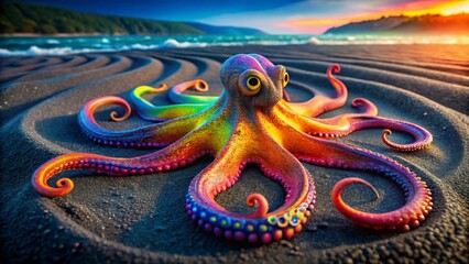 Naklejka premium A Vibrant Rainbow Octopus Resting on Dark Sand at Sunset Near the Ocean