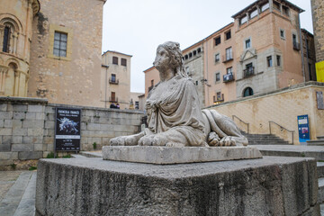 Segovia, Spain - 3 March, 2025: Sirenas de Segovia Sculpture (Segovia Mermaid) and Plaza Medina del Campo, Segovia