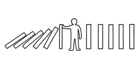 Minimalist line drawing illustration of a person stopping a falling domino chain, symbolizing prevention, intervention, personal responsibility, and breaking a negative cycle.