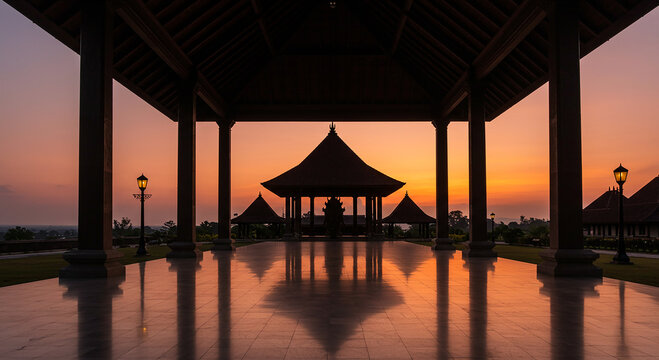 Pendopo pavilion of Keraton Yogyakarta silhouetted against a sunset sky. Massive wooden pillars and joglo roof form striking geometry with warm evening colors.