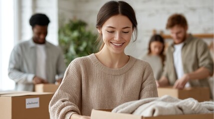 Volunteers organizing clothing donations in a cozy indoor space on a sunny afternoon