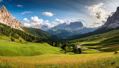 mountain valley landscape with meadows in italian dolomites