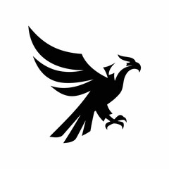 Bold black silhouette of diving eagle with talons ready vector icon for security firm, sports club, military patch, tattoo, signage, minimalist flat design isolated on white