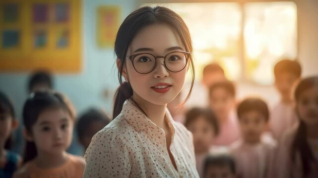 Smiling Asian Female Teacher in Sunlight Classroom