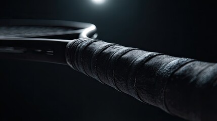close-up of tennis racket handle wrapped in worn grip tape under single hard spotlight dramatic black background with reflective